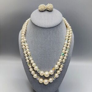 Vintage Faux Pearl AB Crystal Necklace Clip On Earring Lot 18" Double Strand